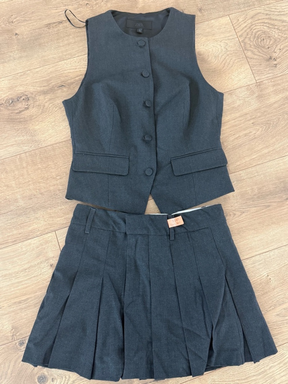 Zara Charcoal Tailored Vest and Pleated Mini Skirt Set